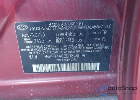 2014 Hyundai Sonata Gls z USA, uszkodzony, nr VIN 5NPEB4AC2EH856099